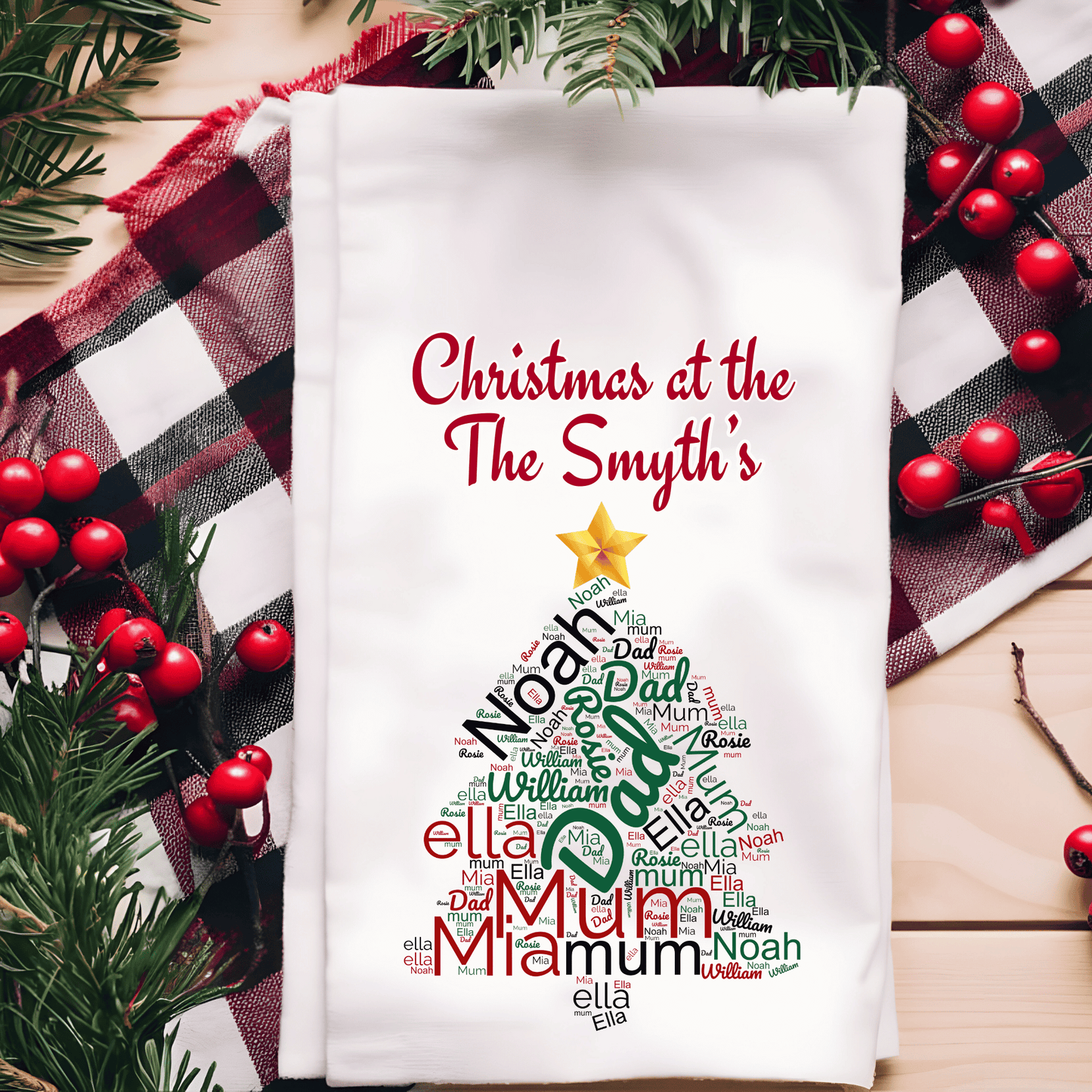 Personalised Christmas Tea Towel, Engraved Wooden Spoon, Family Tree