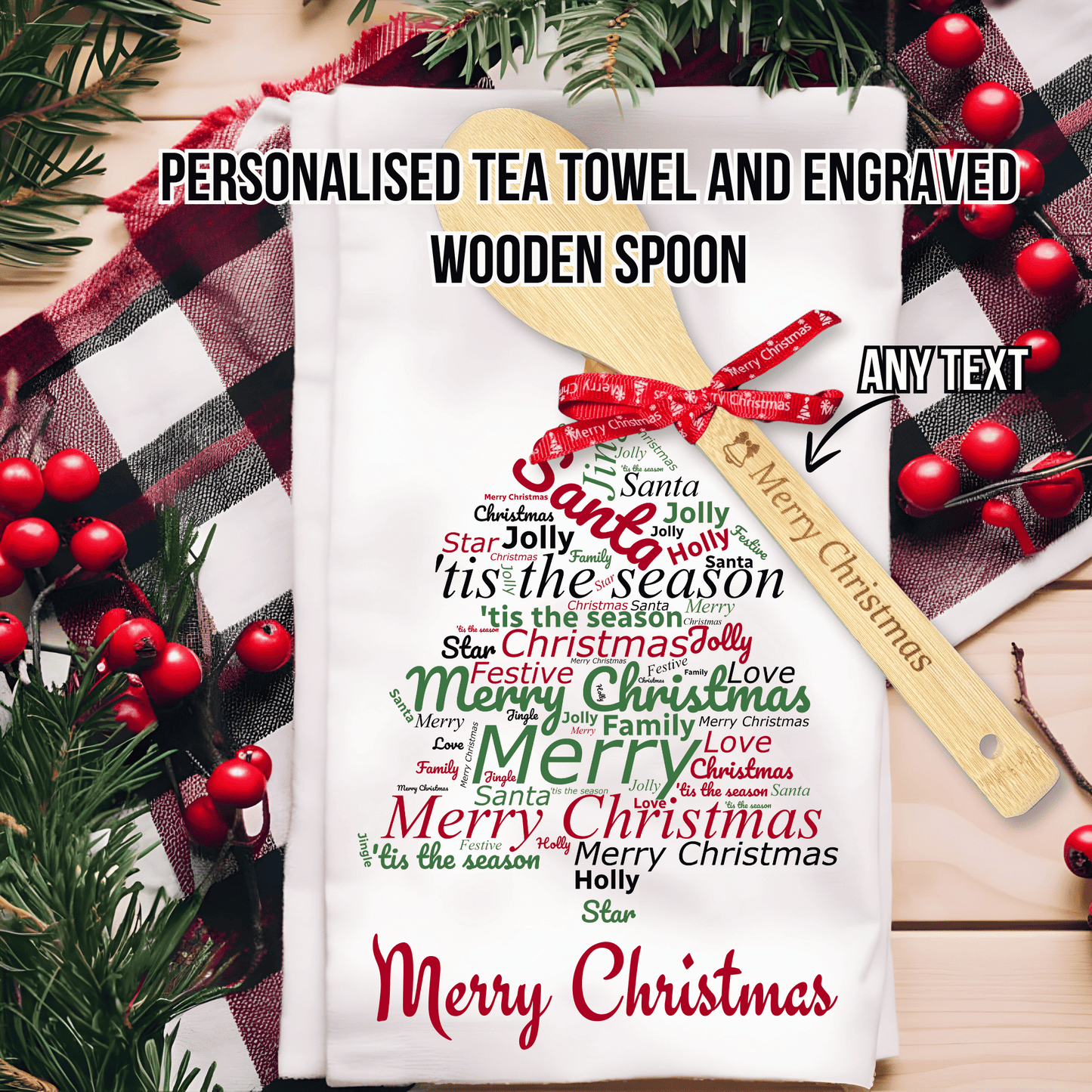 Personalised Christmas Tea Towel, Engraved Wooden Spoon, Family Tree