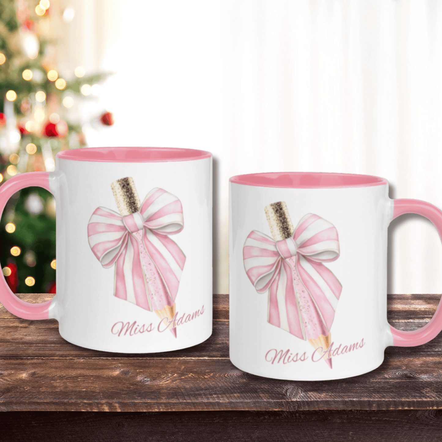 Personalised Teacher's Christmas Mug, Bow Pencil