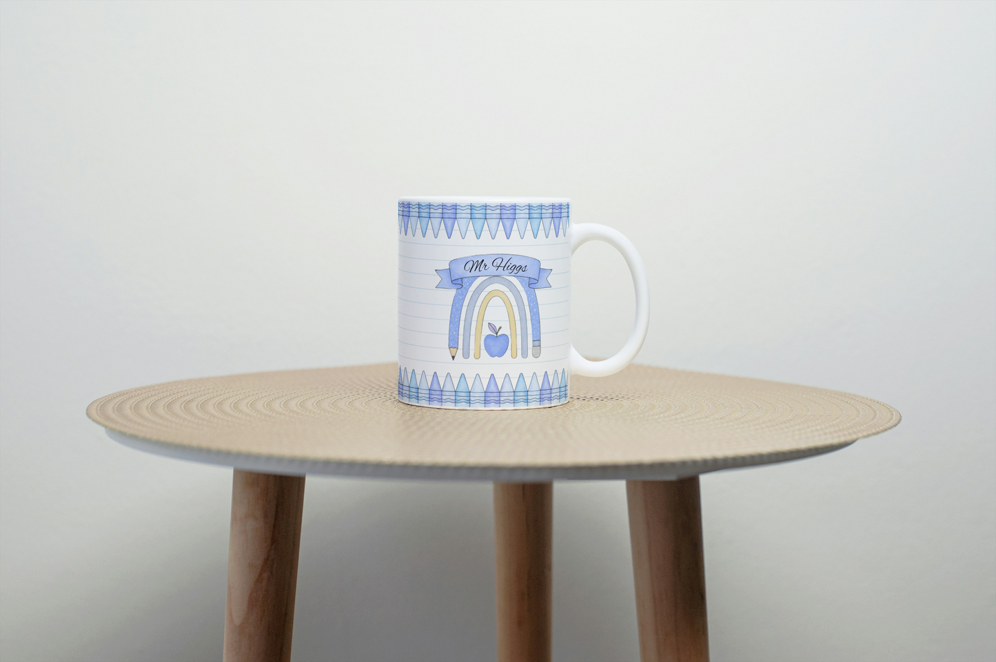 Personalised Teacher Mug, Coloured Pens Blue