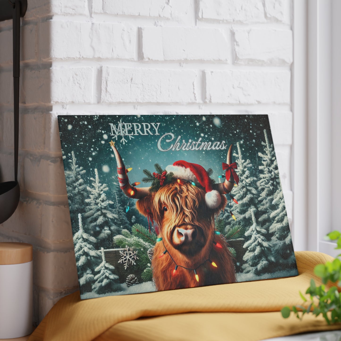 Personalised Christmas Cutting Board and Engraved Wooden Spoon, Xmas Highland Cow