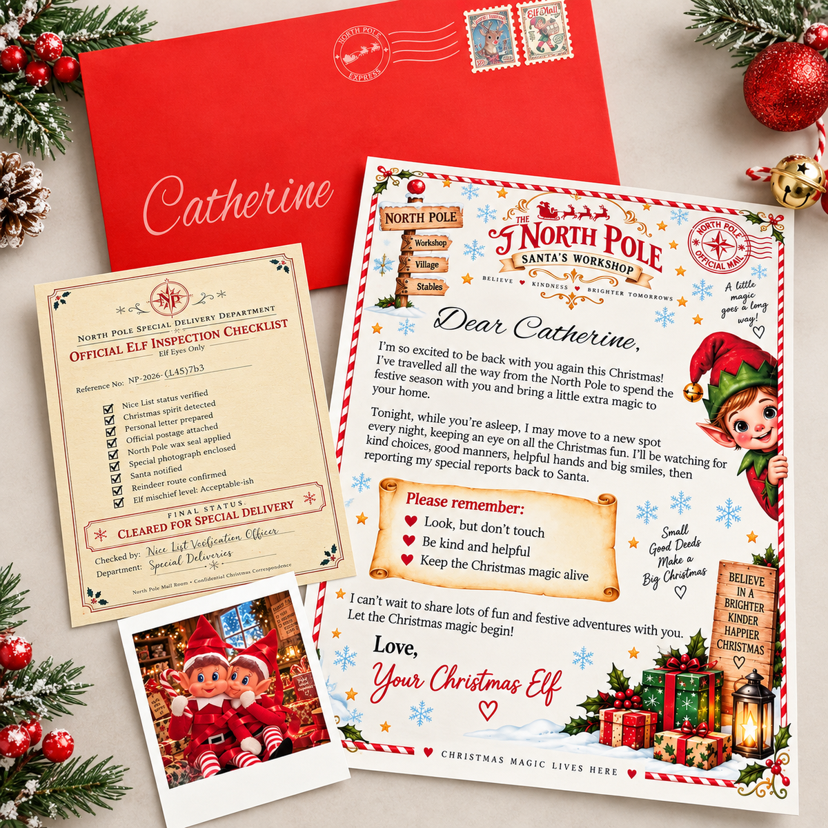 Personalised Elf Arrival Letter Set with Official Red Envelope, Custom North Pole Mail, Christmas Letter