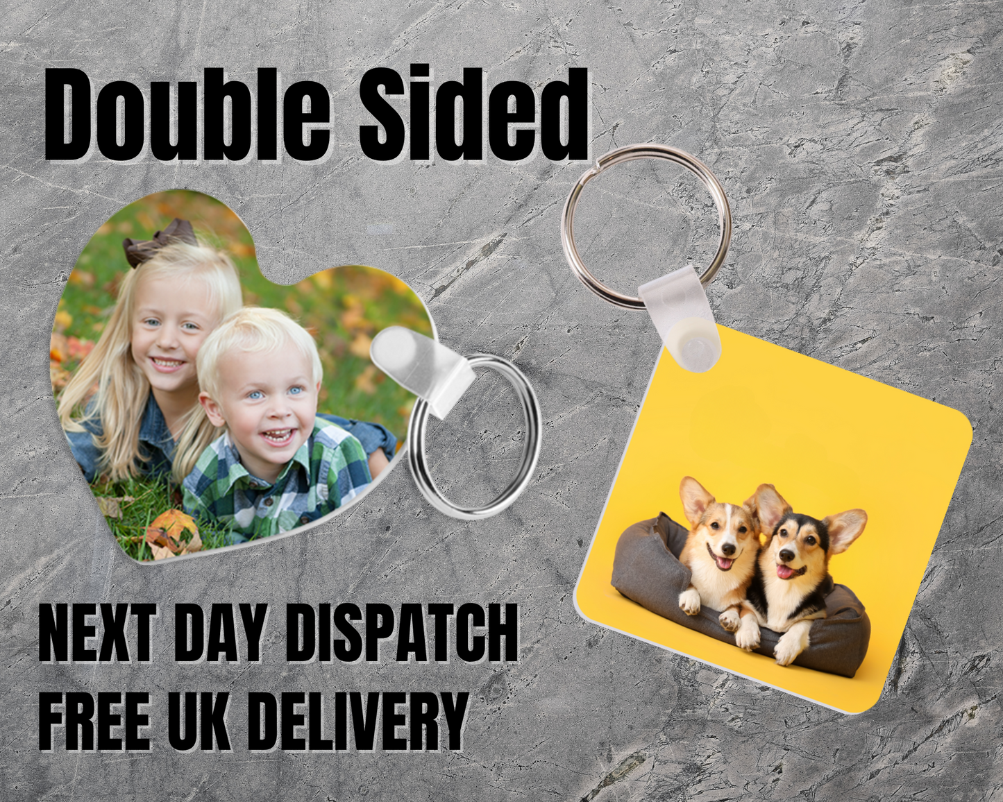 Personalised Photo Keyring, Double Sided, Heart and Square Shape