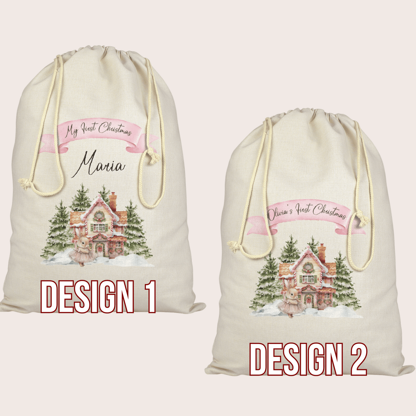 Personalised Christmas Santa Sack, First Christmas, Rabbit design