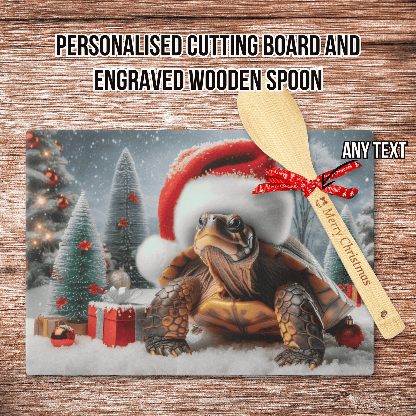 Personalised Christmas Cutting Board and Engraved Wooden Spoon, Turtle