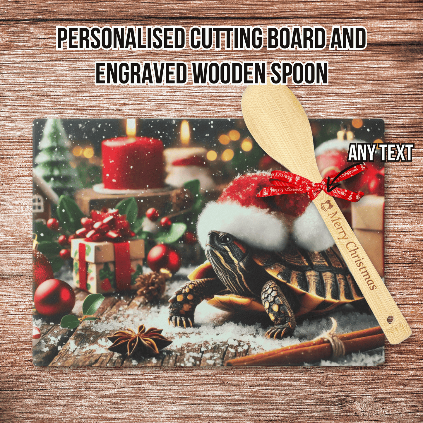 Personalised Christmas Cutting Board and Engraved Wooden Spoon, Turtle