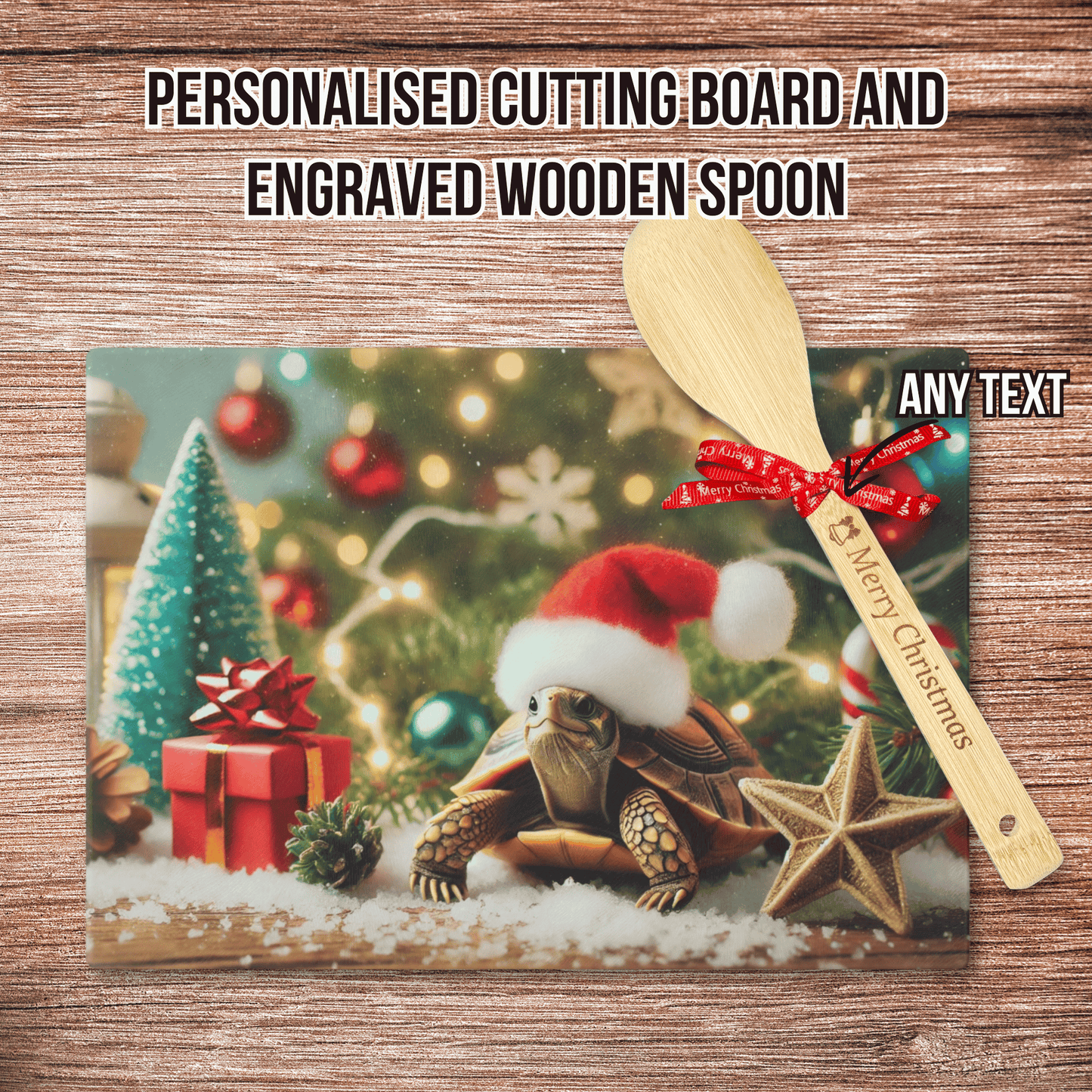 Personalised Christmas Cutting Board and Engraved Wooden Spoon, Turtle