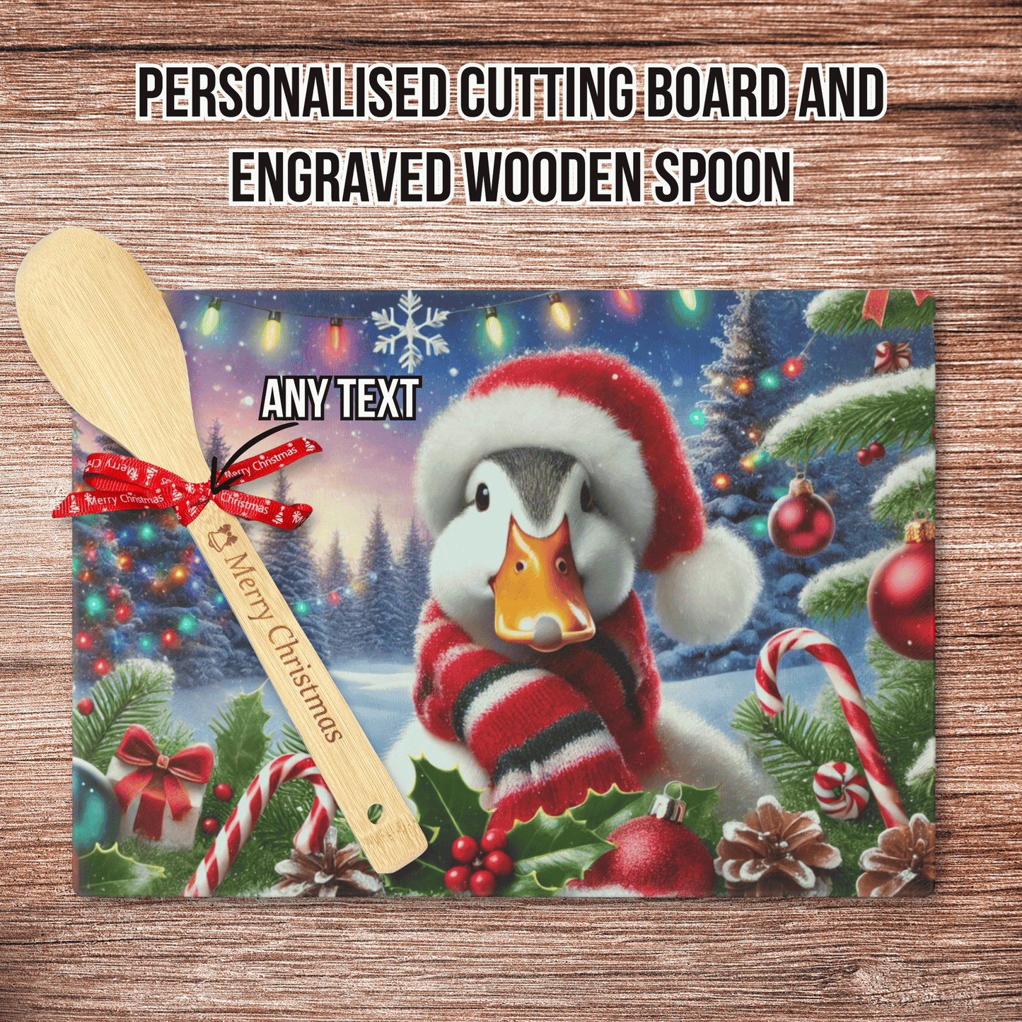 Personalised Christmas Cutting Board and Engraved Wooden Spoon, Duck