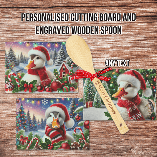 Personalised Christmas Cutting Board and Engraved Wooden Spoon, Duck