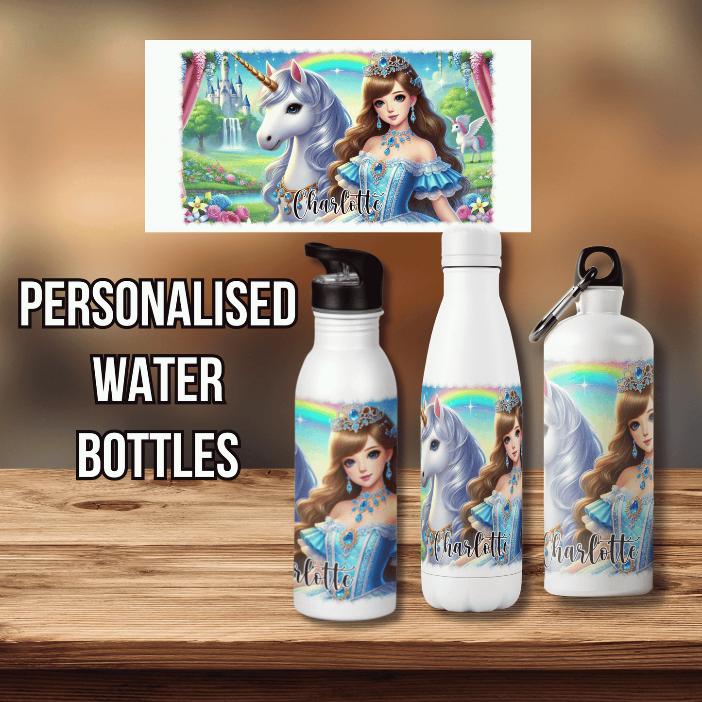 Personalised Water Bottle Princess and Unicorn