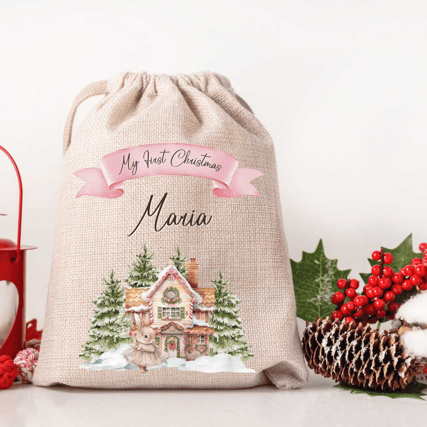 Personalised Christmas Santa Sack, First Christmas, Rabbit design