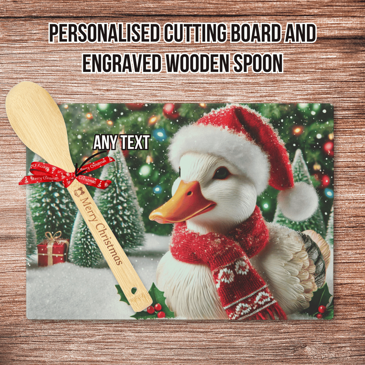 Personalised Christmas Cutting Board and Engraved Wooden Spoon, Duck