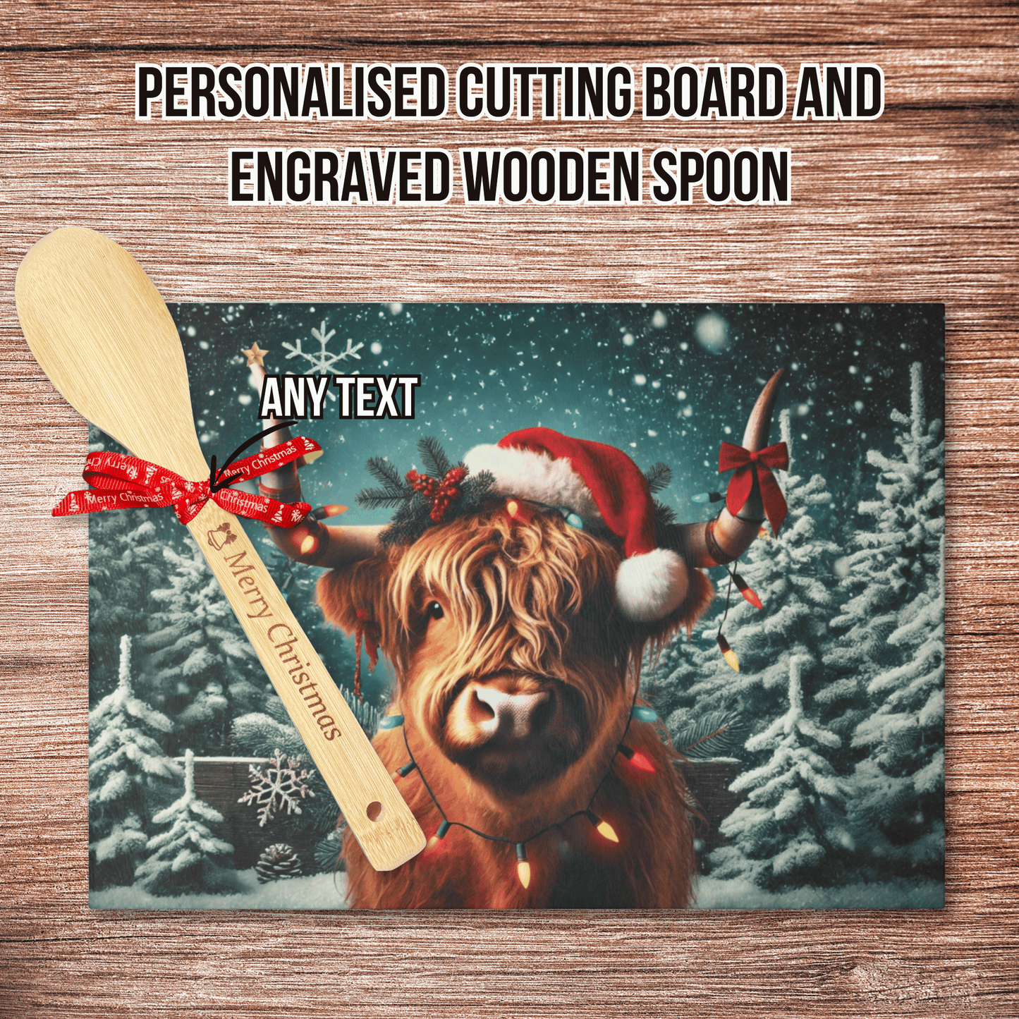 Personalised Christmas Cutting Board and Engraved Wooden Spoon, Xmas Highland Cow