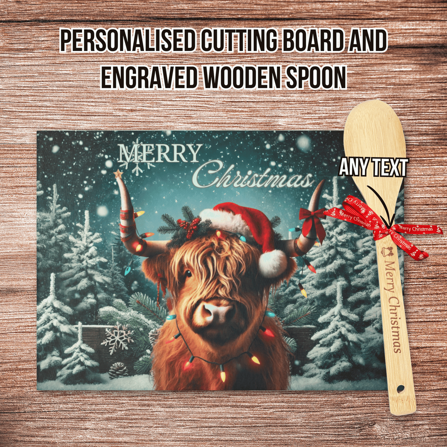 Personalised Christmas Cutting Board and Engraved Wooden Spoon, Xmas Highland Cow