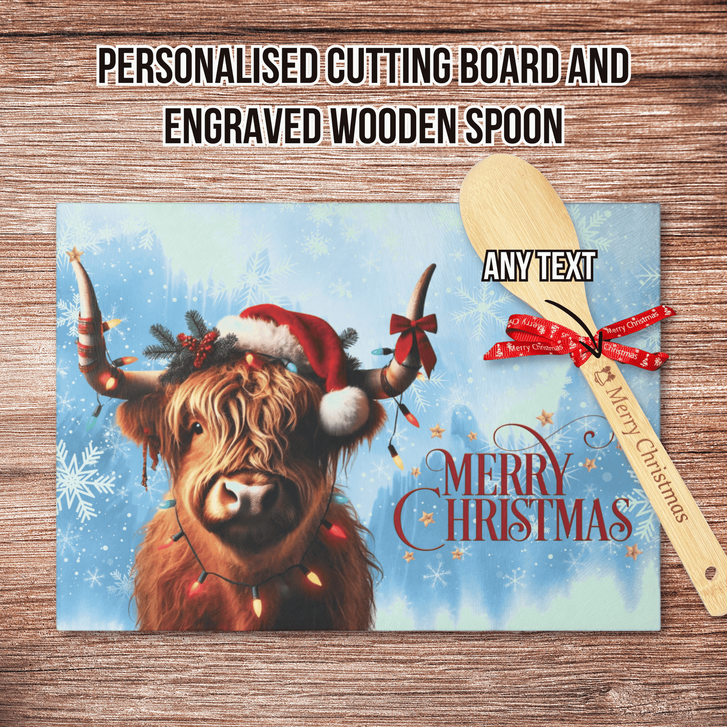 Personalised Christmas Cutting Board and Engraved Wooden Spoon, Highland Cow