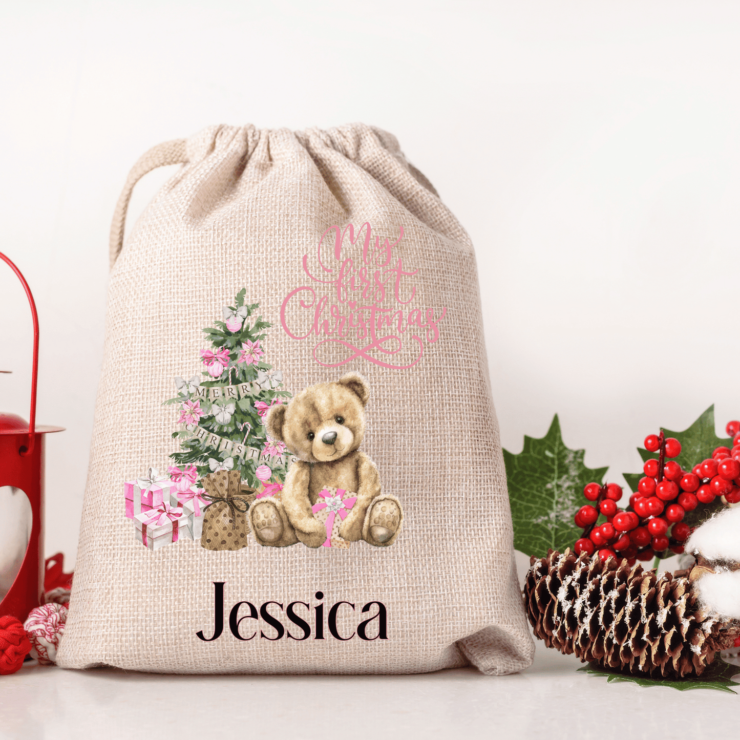 Personalised Christmas Santa Sack, Baby's First Christmas, Bear