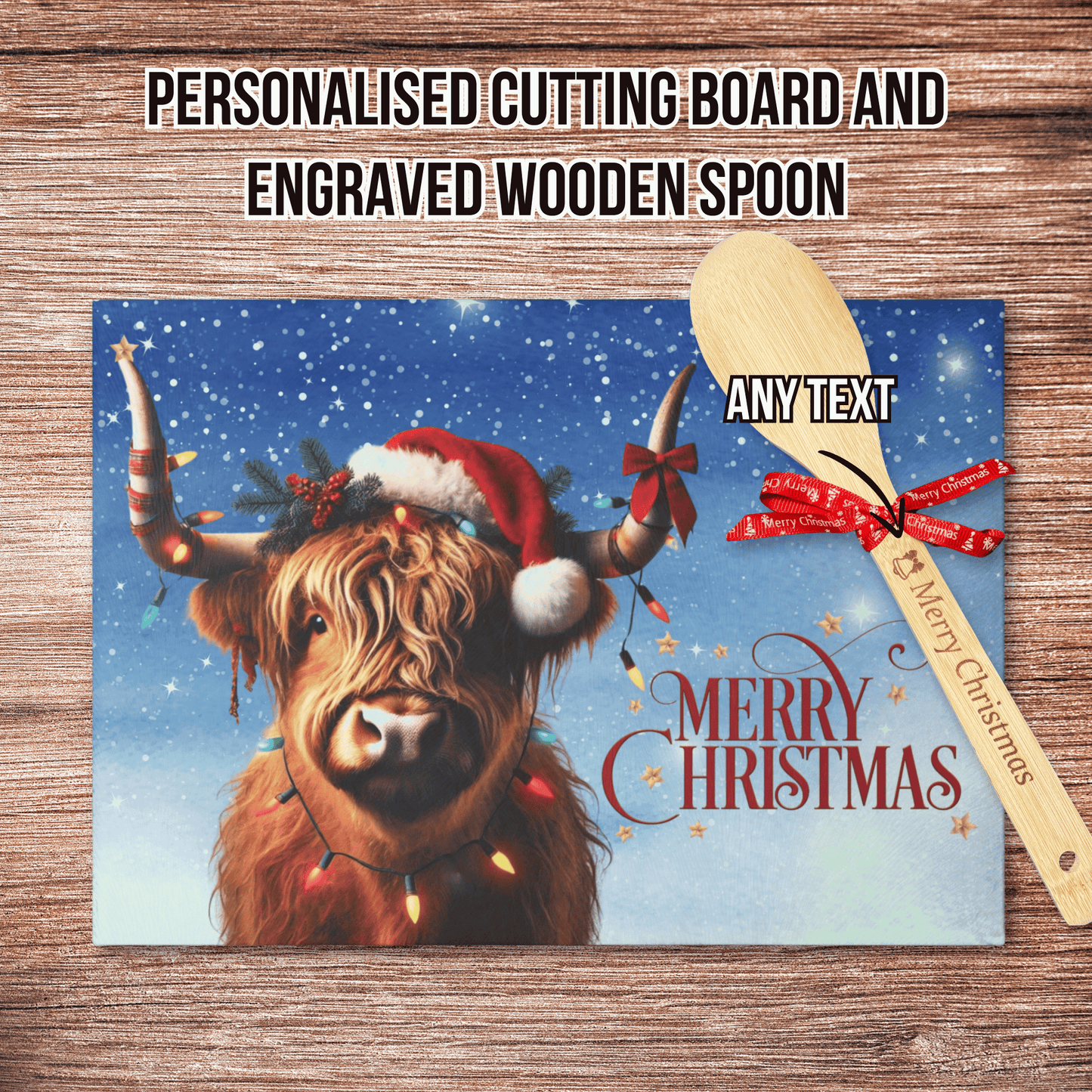 Personalised Christmas Cutting Board and Engraved Wooden Spoon, Highland Cow