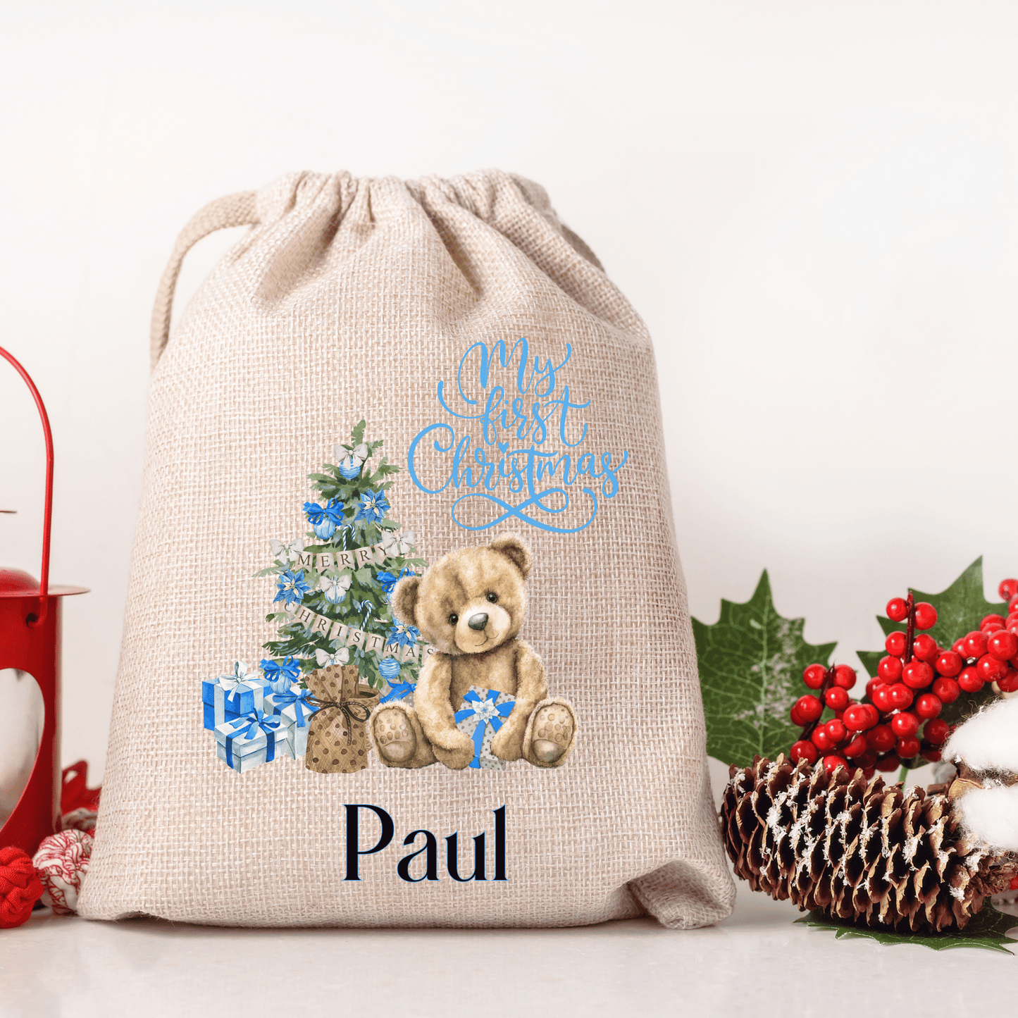 Personalised Christmas Santa Sack, Baby's First Christmas, Bear