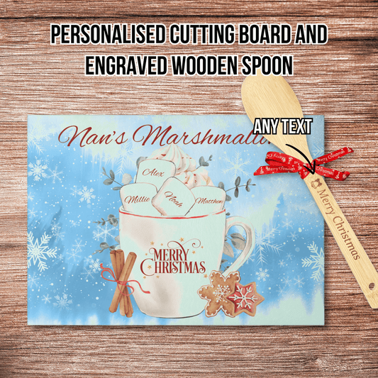 Personalised Christmas Cutting Board and Engraved Wooden Spoon, Marshmallows