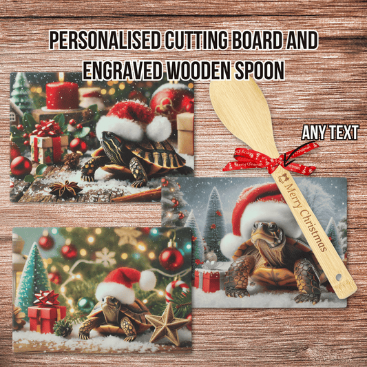 Personalised Christmas Cutting Board and Engraved Wooden Spoon, Turtle