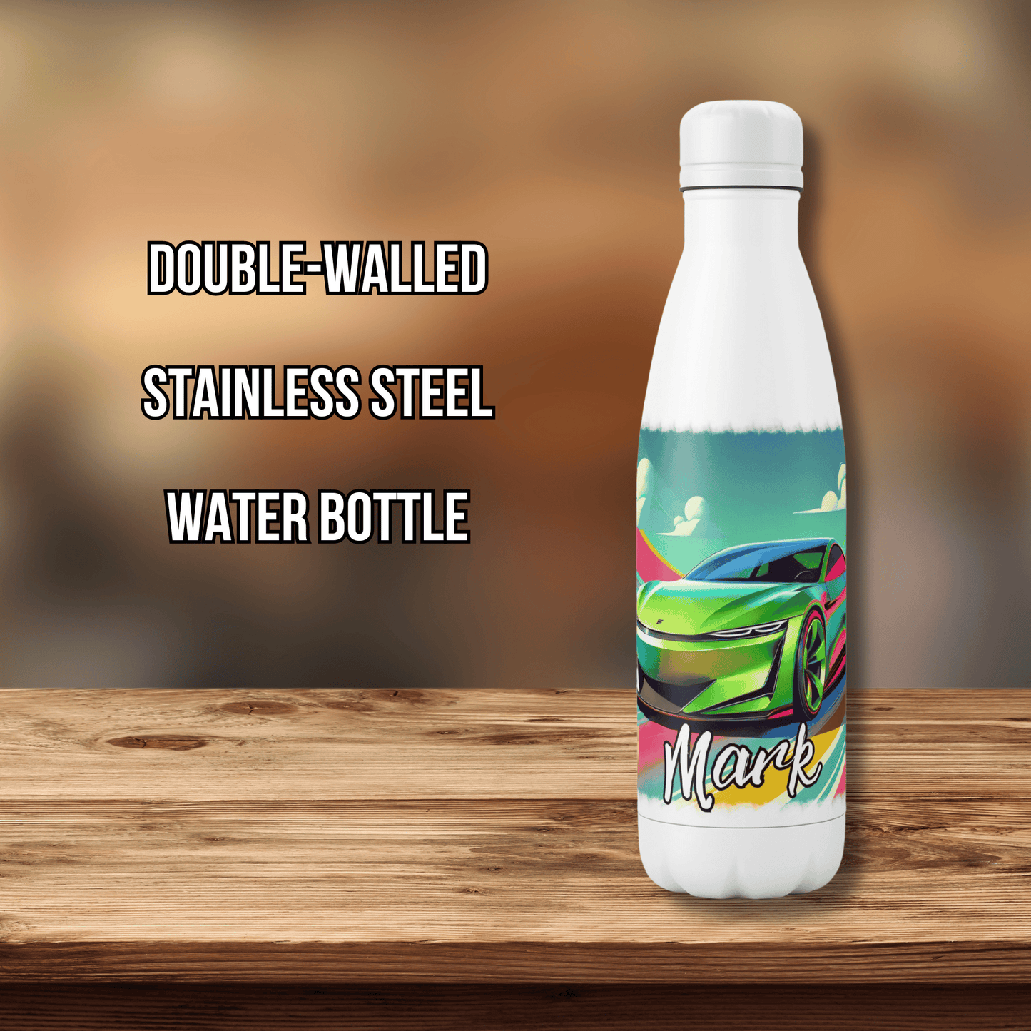 Personalised Water Bottle Green Racing Car