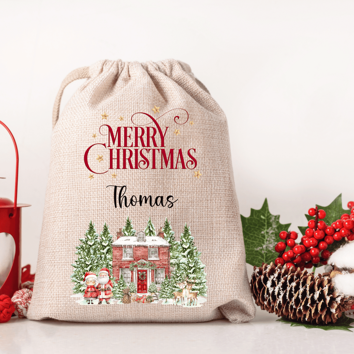 Personalised Christmas Santa Sack, Mr and Mrs Claus' house