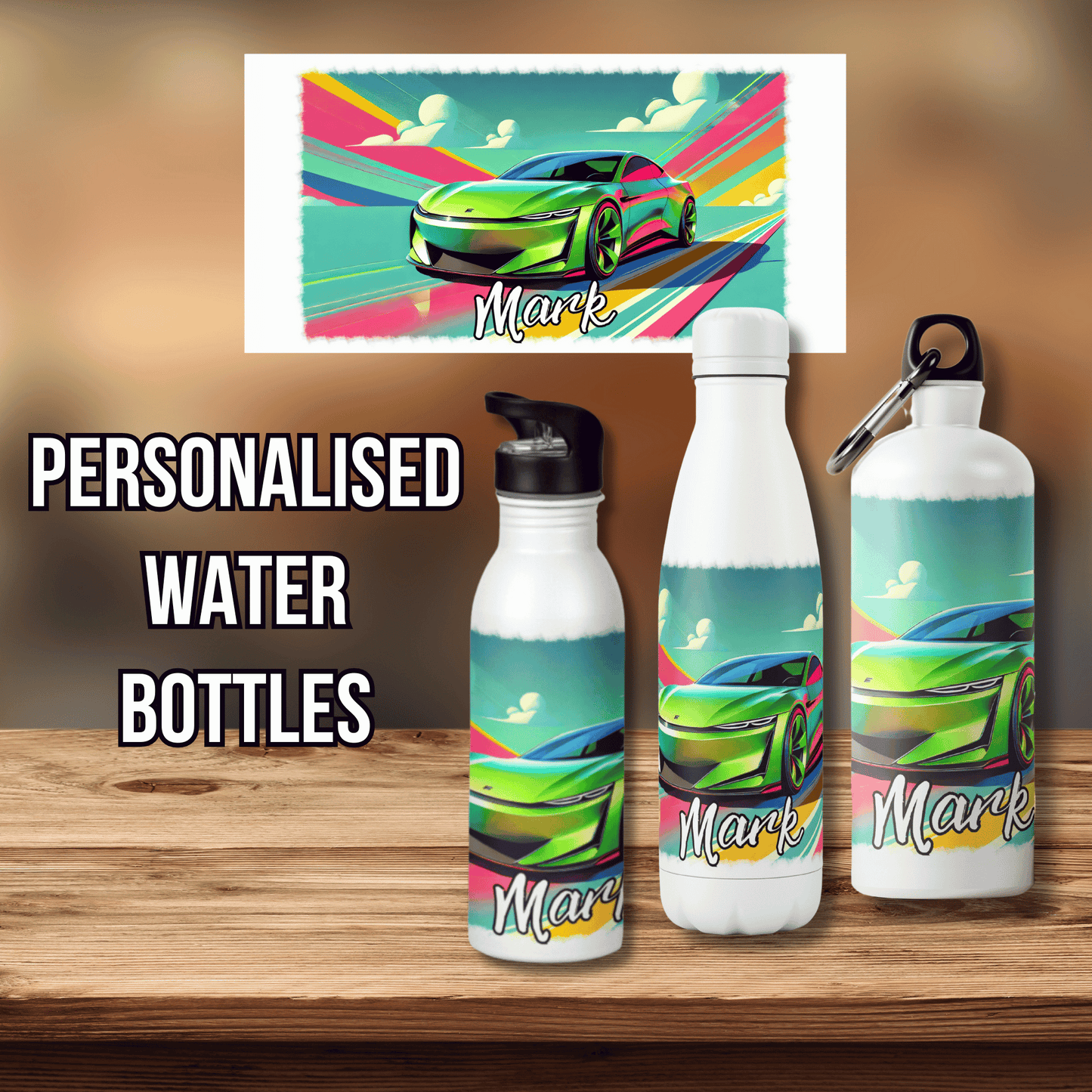 Personalised Water Bottle Green Racing Car