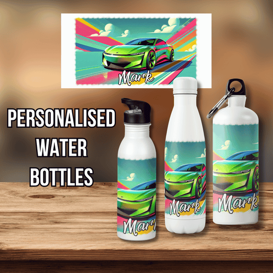 Personalised Water Bottle Green Racing Car