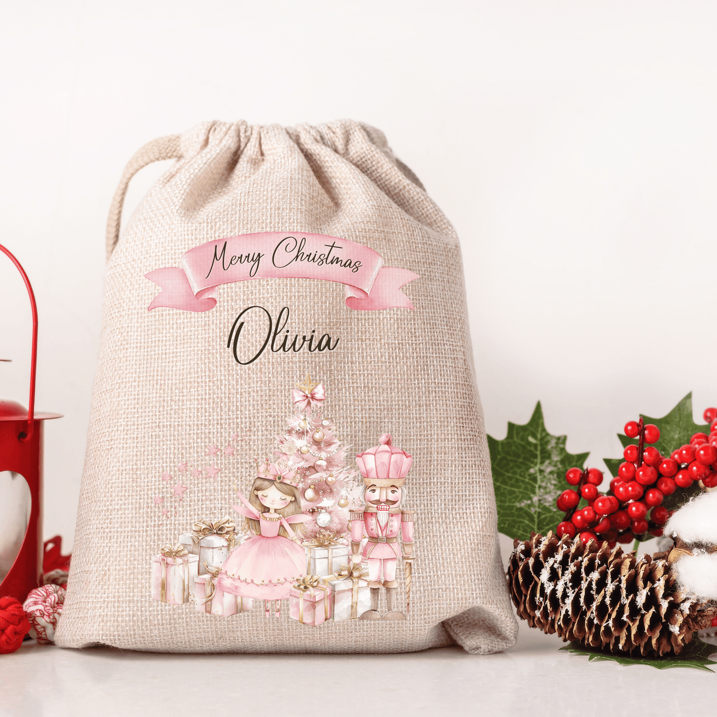 Personalised Christmas Santa Sack, Pink Fairy and Nutcracker