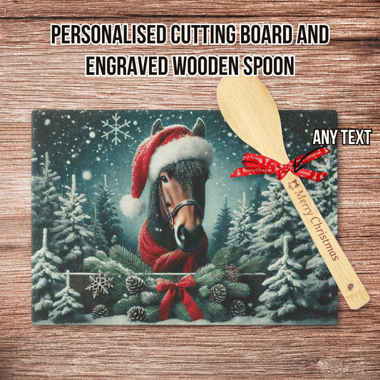 Personalised Christmas Cutting Board and Engraved Wooden Spoon, Horse