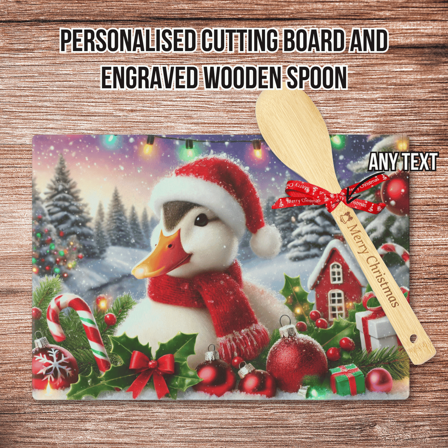 Personalised Christmas Cutting Board and Engraved Wooden Spoon, Duck