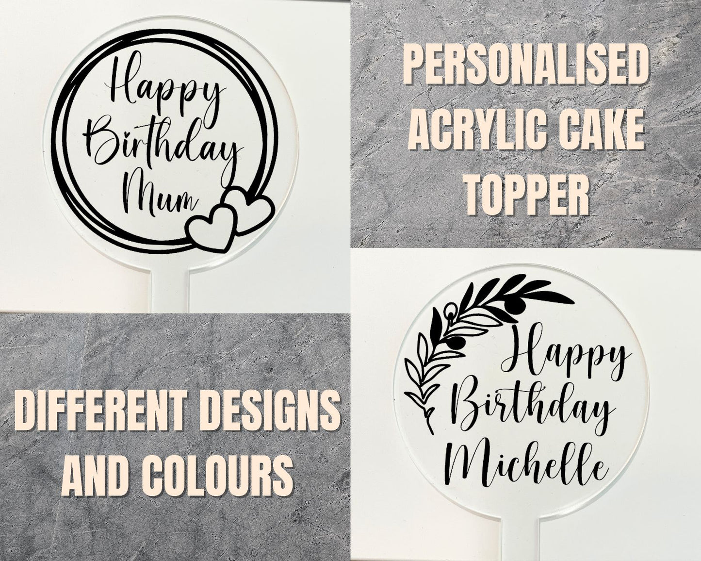 Personalised Acrylic Cake Topper, Clear or Marble Effect Round Cake Topper