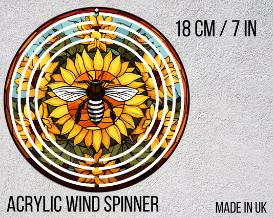Stained Glass Effect Sunflower and Bee Wind Spinner