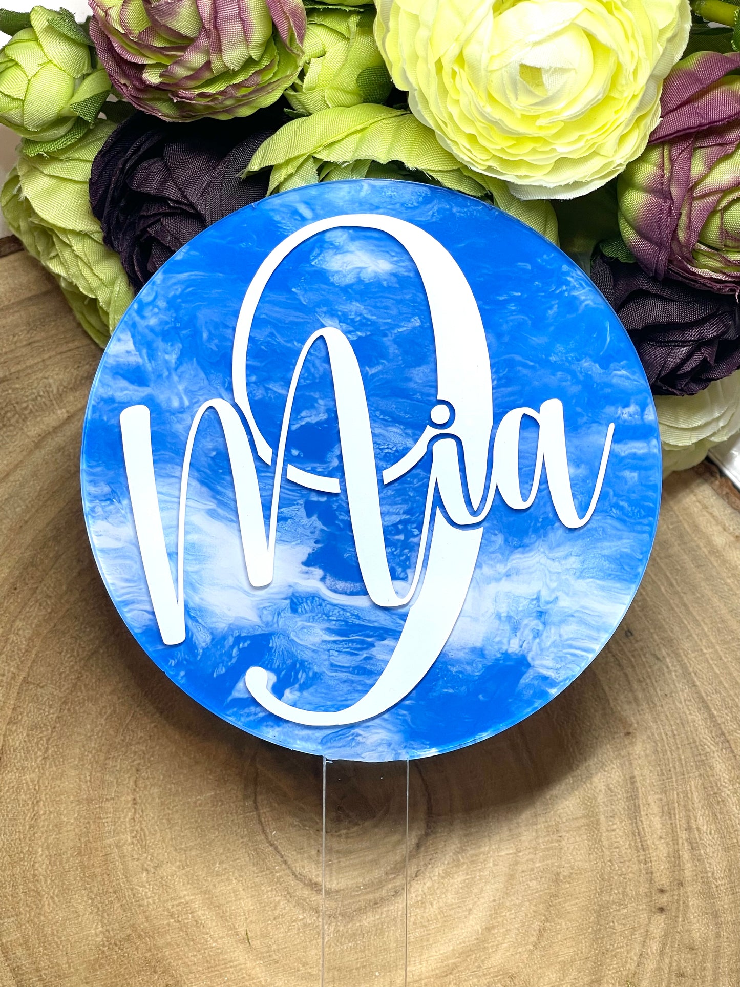Personalised Acrylic Cake Topper, Marble Effect Painted Paddle Topper