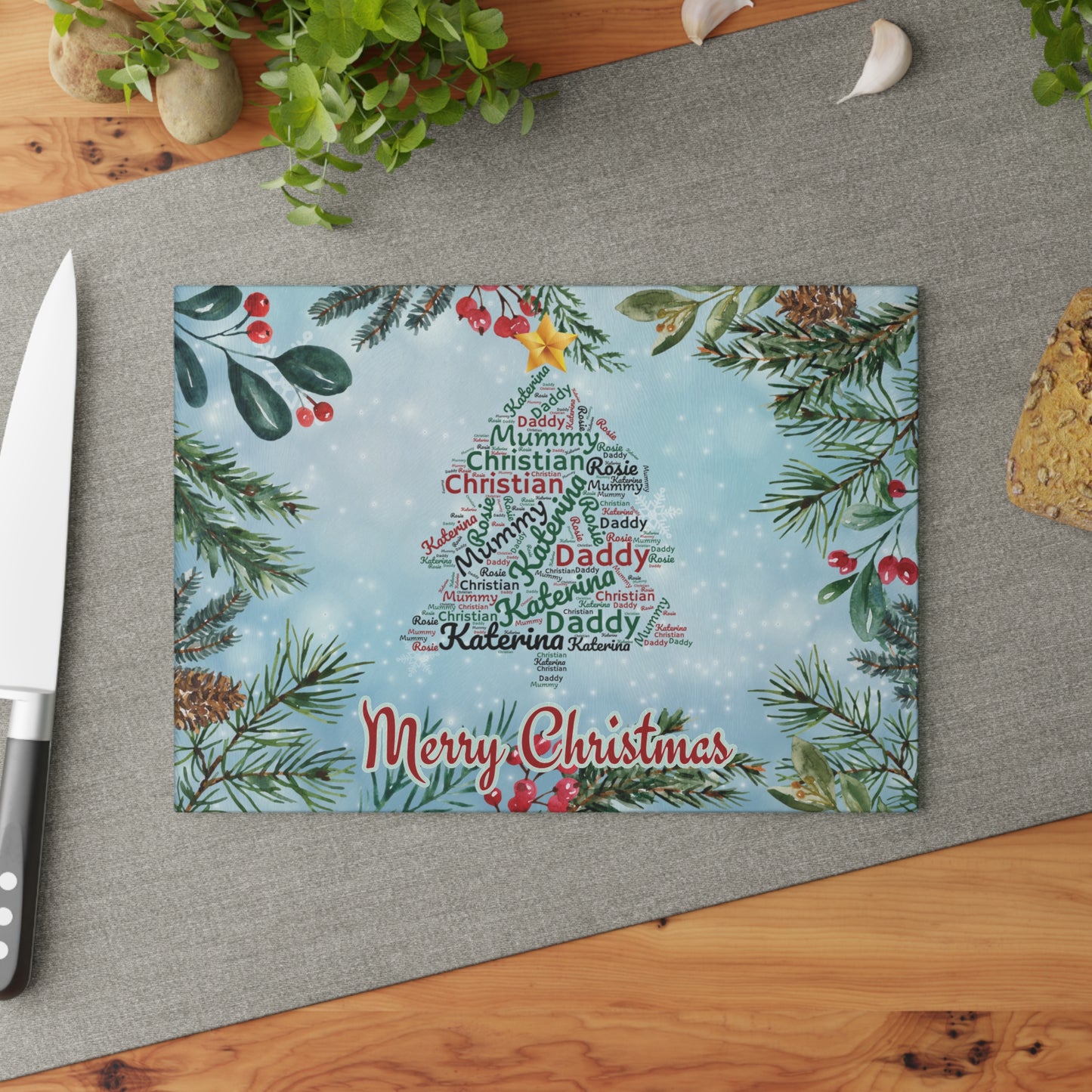 Personalised Family Christmas Cutting Board, Christmas Tree Names