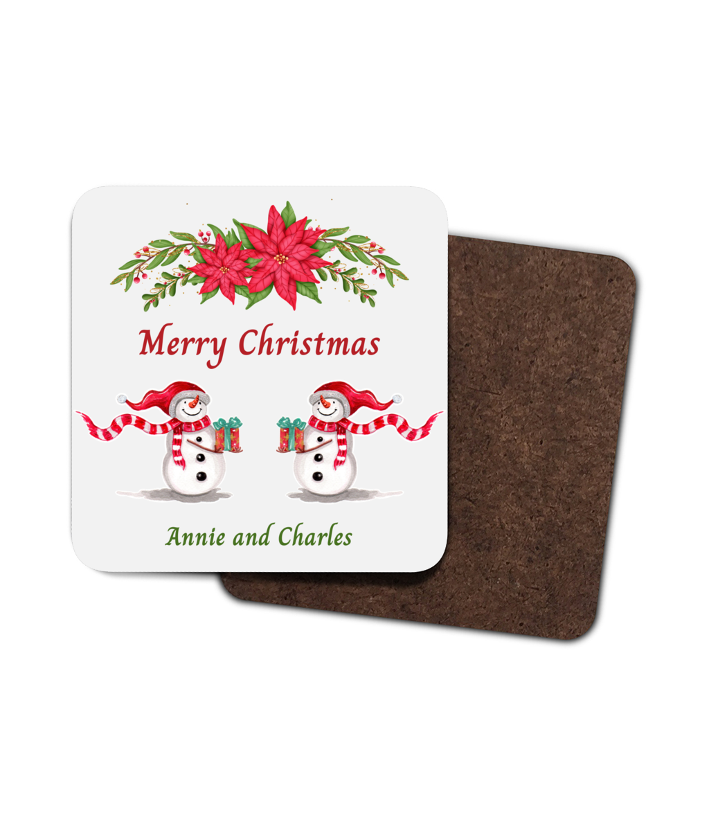 Personalised Christmas Coasters 2 or 4 x Merry Christmas Snowmen or Gnomes