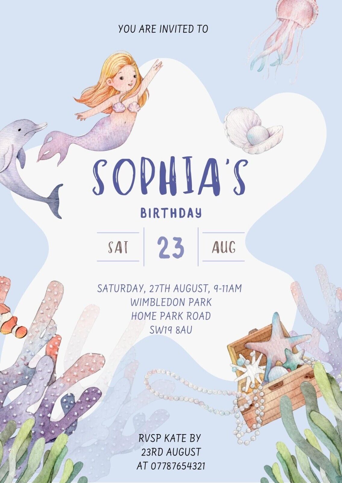 Personalised Mermaid Kids Birthday Party Invitation, Digital Invites, Printable Invitation