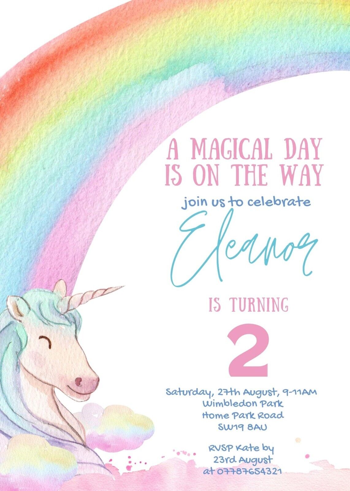 Personalised Unicorn Kids Birthday Party Invitation, Digital Invites, Printable Invitation
