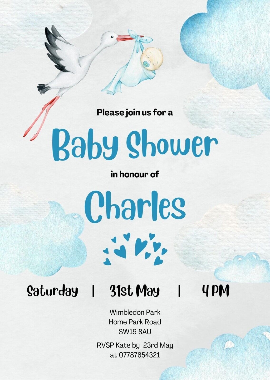 Personalised Baby Shower Invitation, Digital Invites, Stork Baby Boy Printable Invitation