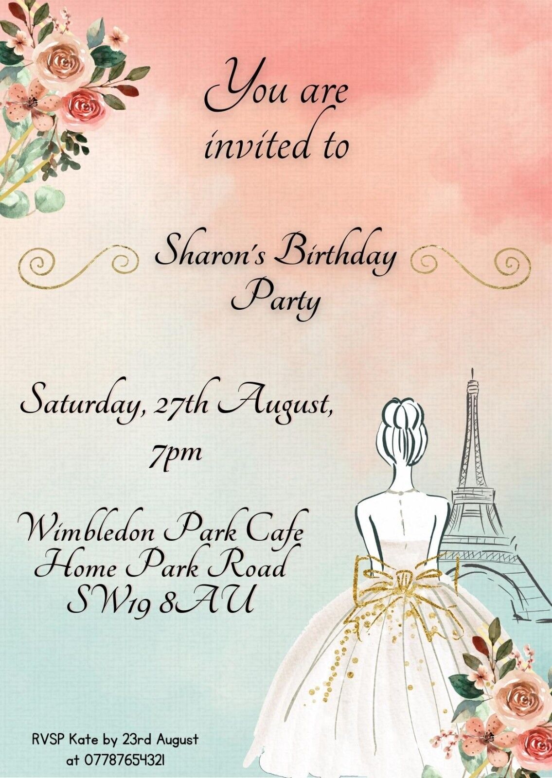 Personalised Girl Birthday Party Invitations ,Digital Invites, Paris Princess Printable Invitation