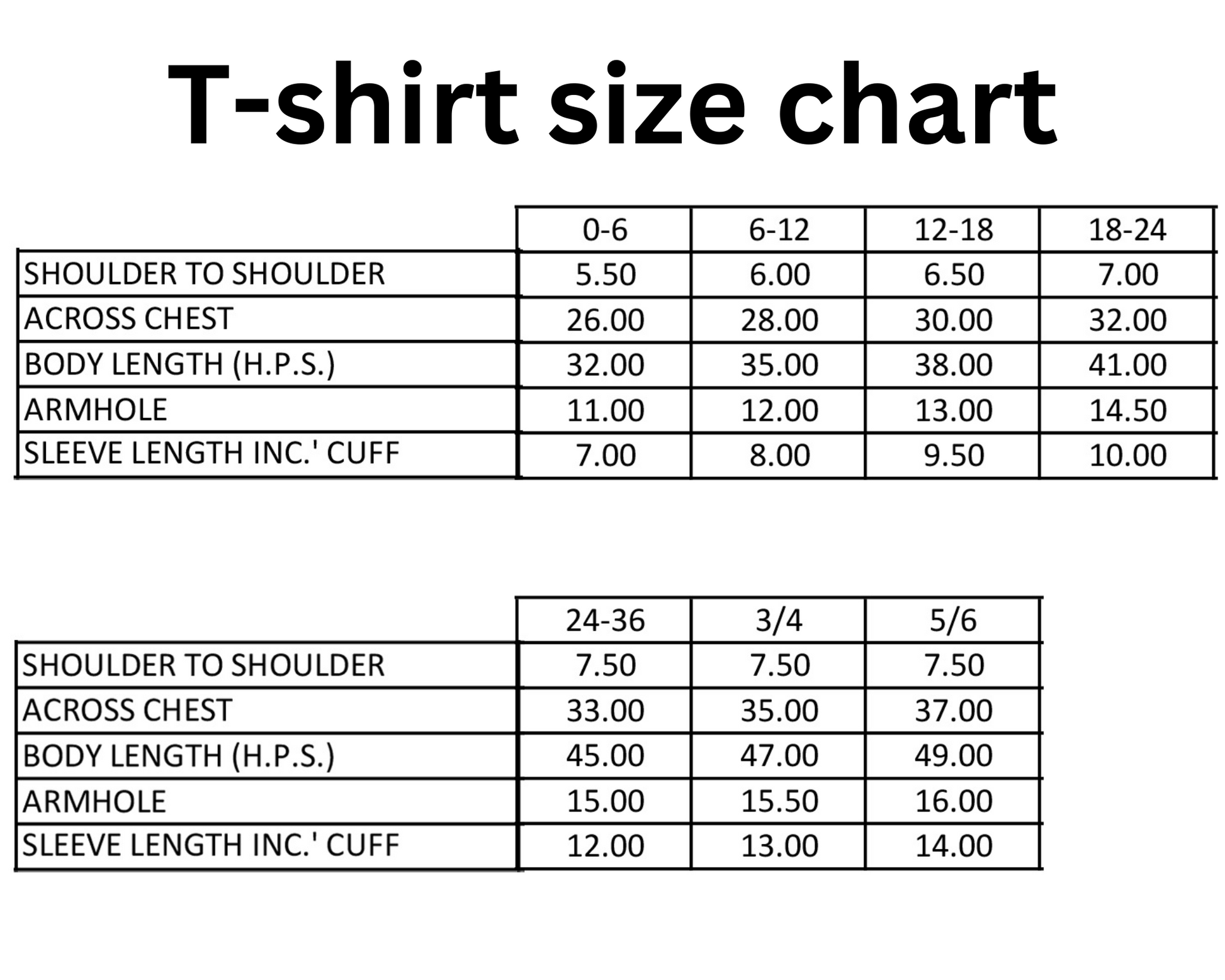 t-shirt size chart. Available sizes from 0 months to 6 years