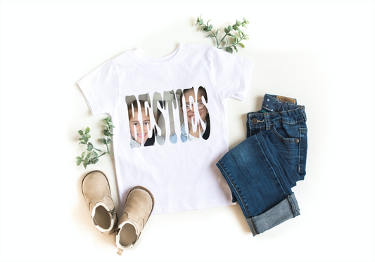 White t-shirt with Besties' text and picture of two friends, integrated into the text.