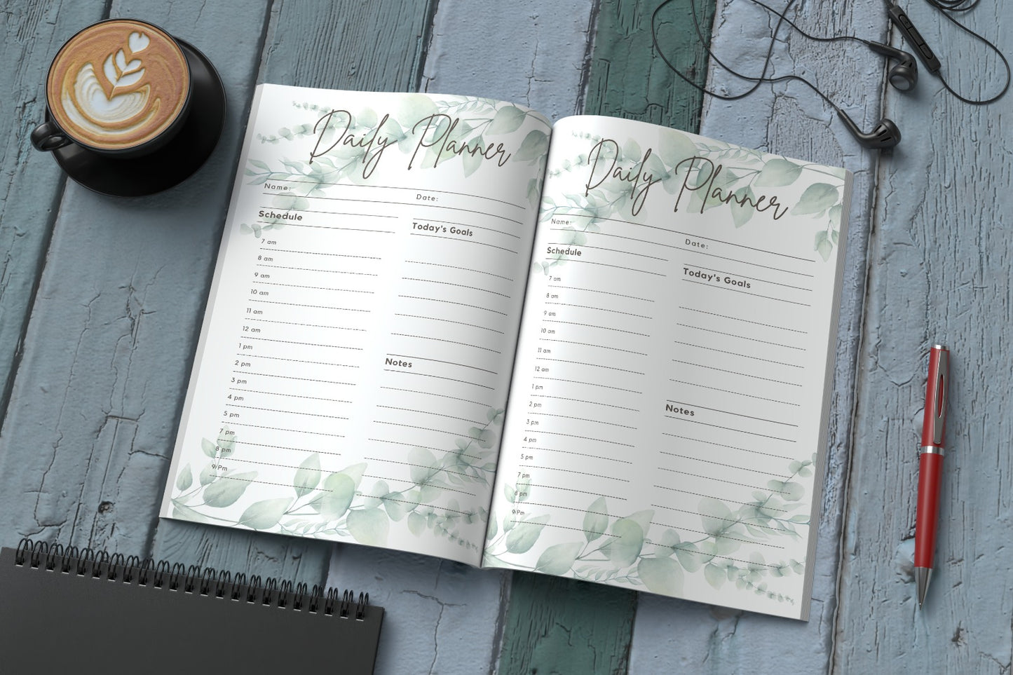 Daily Planner Notebook Green Flowers