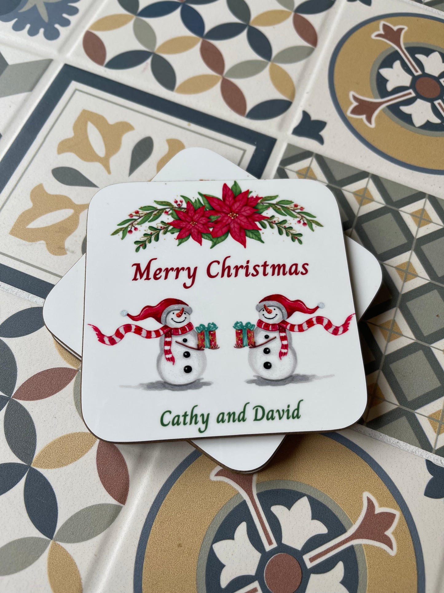 Personalised Christmas Coaster, Merry Christmas Snowmen