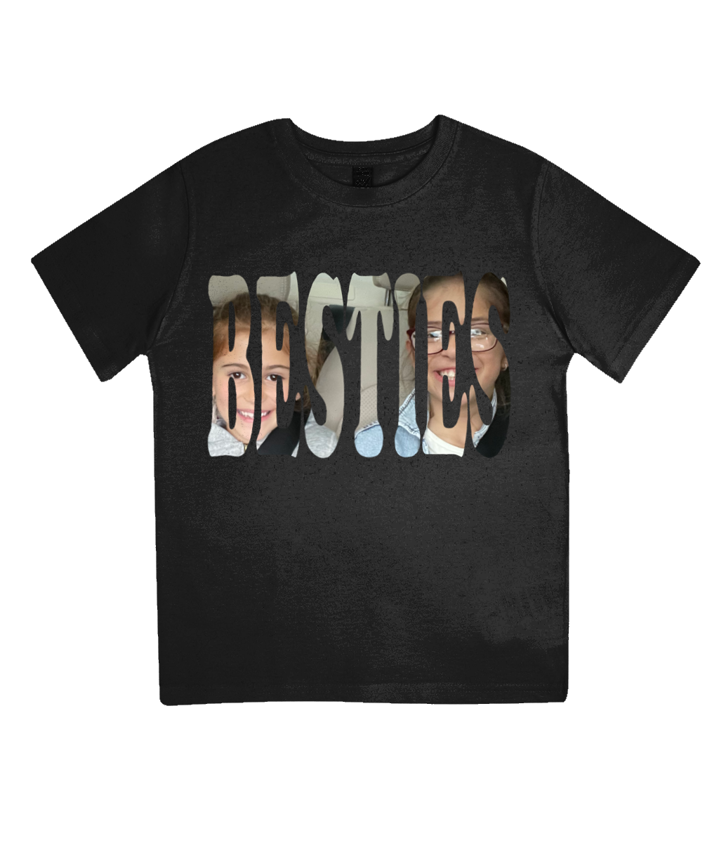 Black t-shirt with besties' text and picture, integrated into the text