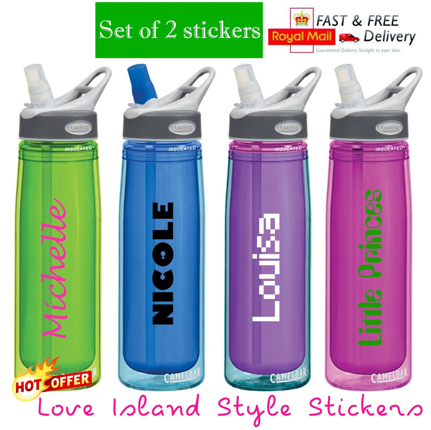 2 PERSONALISED NAME STICKERS FOR WATER DRINKS BOTTLE SCHOOL BIKE LUNCHBOX KIDS