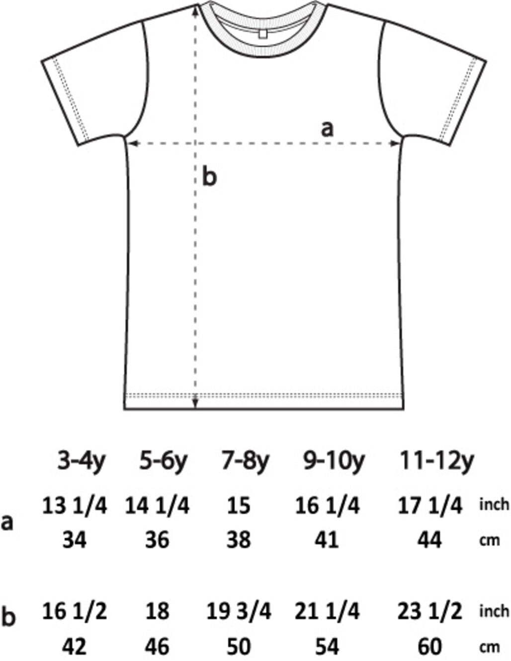 Size chart of the t-shirt. Available sizes from 3 to 12 years